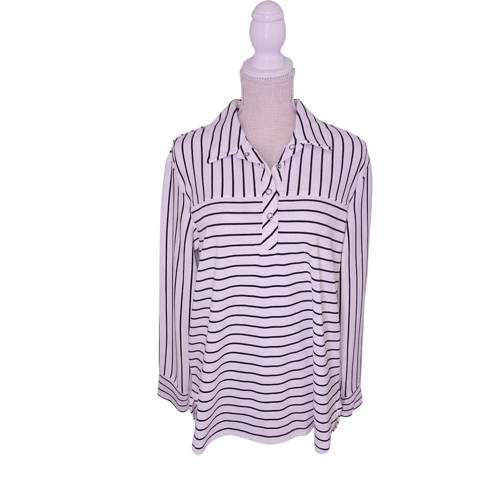 Jane + Delancey Womens White Black Striped 1/4 Snap Collared Long Sleeve Top M